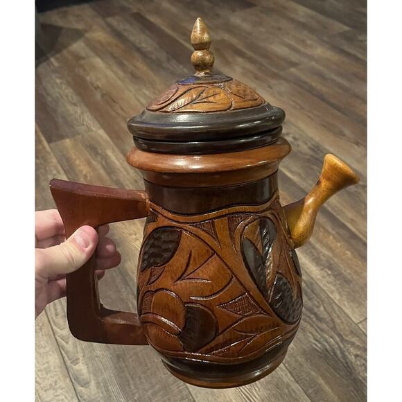 Vintage Hand Carved Teak Wood Tea Pot Pitcher Set w/ 4 cups Lid - Very Nice! - Picture 3 of 9